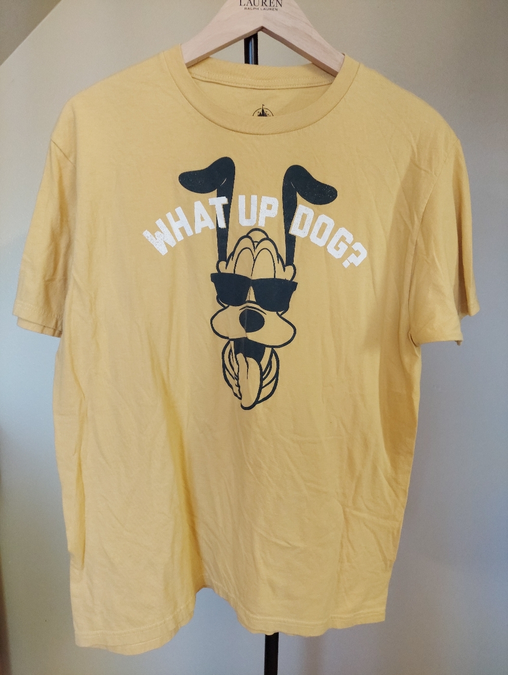 Disney Pluto Tee Shirt Yellow Size L “What Up Dog?” 100% Cotton